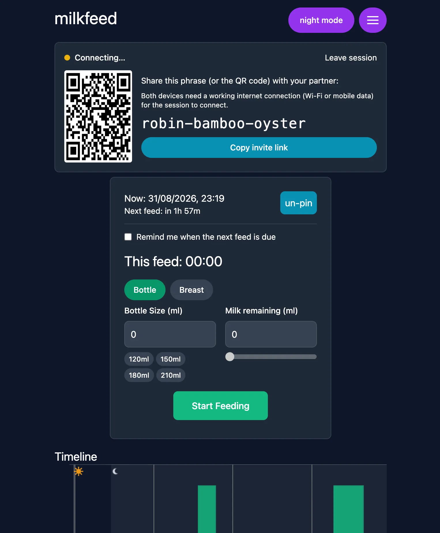 Milkfeed shared-session invitation screen